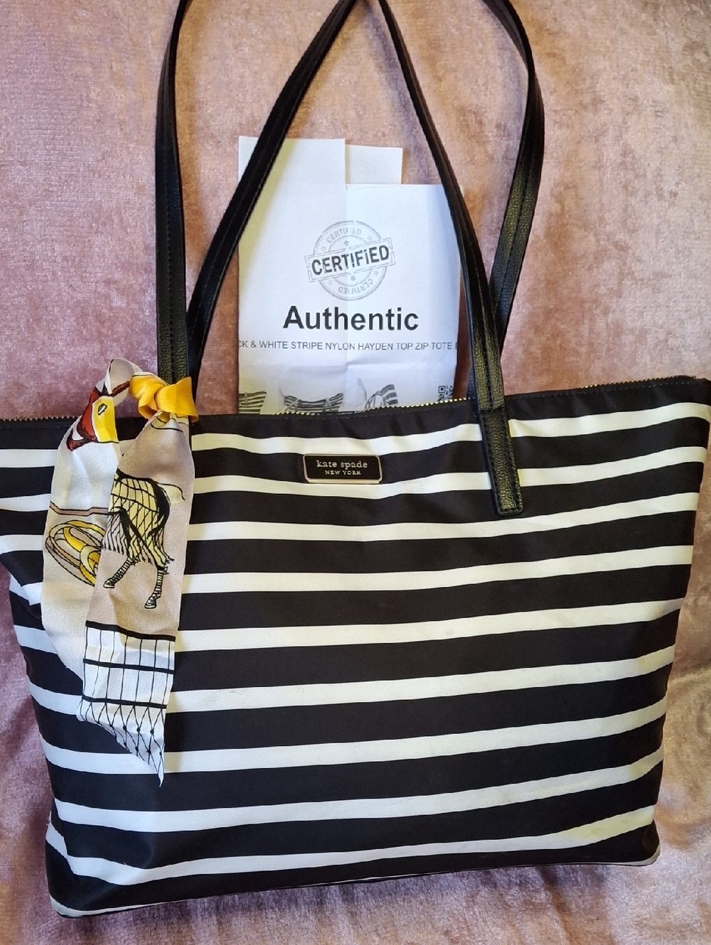 EUC Kate Spade Black & White Striped Medium Nylon Tote with Scarf Accent
